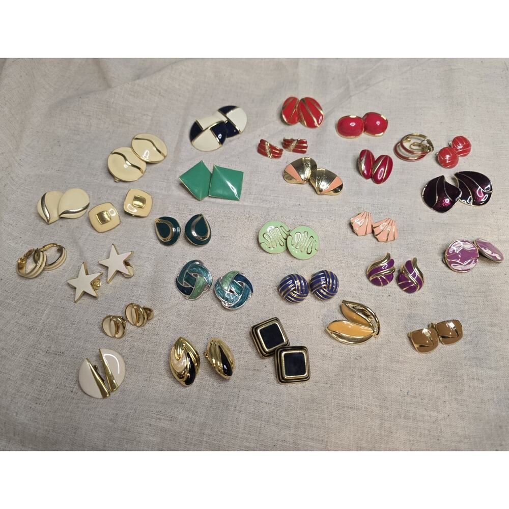 Vintage Enamel Clip-on Earring Lot 28 Pairs Colorful Red Green Gold Purple